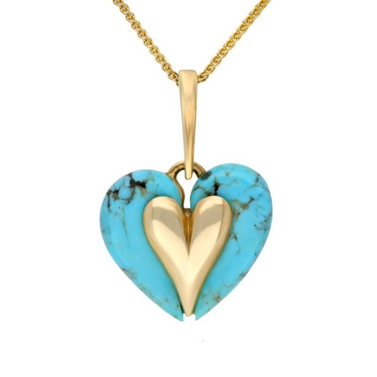 9ct Yellow Gold Turquoise Carved Heart Necklace - Yellow Gold