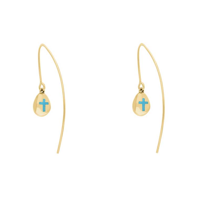 9ct Yellow Gold Turquoise Cross Disc Drop Earrings - Yellow Gold