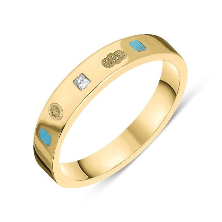 9ct Yellow Gold 0.09ct Diamond Turquoise King's Coronation Hallmark Princess Cut 4mm Ring - L