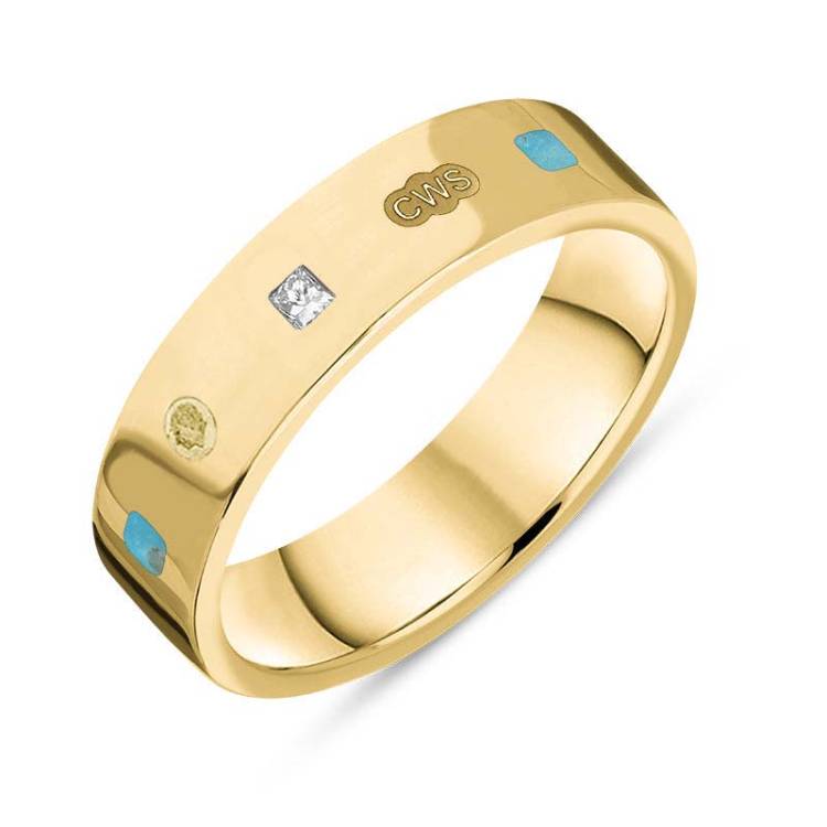 9ct Yellow Gold 0.12ct Diamond Turquoise King's Coronation Hallmark Princess Cut 5mm Ring - Z