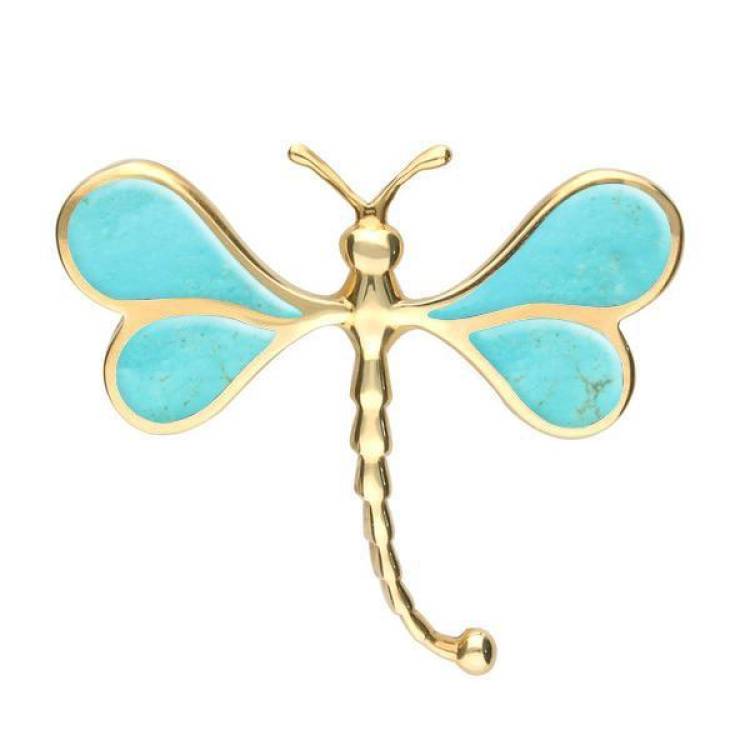 9ct Yellow Gold Turquoise Dragonfly Brooch - Yellow Gold