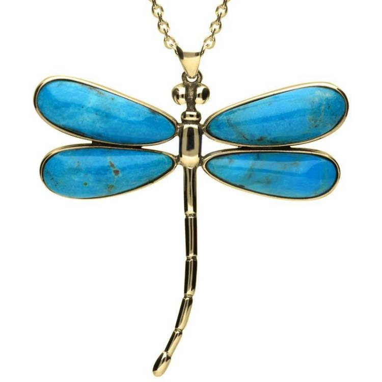 9ct Yellow Gold Turquoise Four Stone Large Dragonfly Necklace