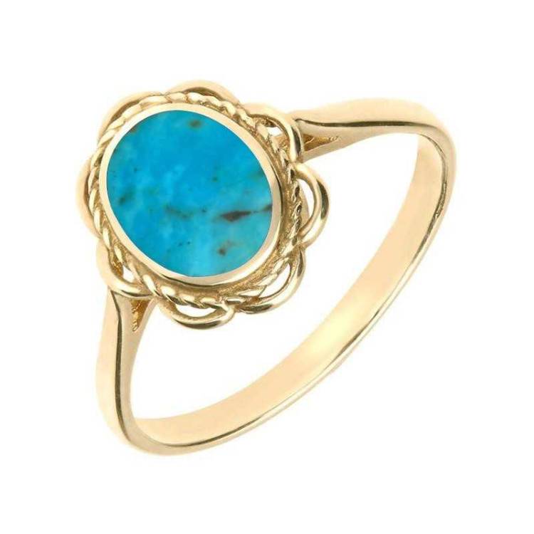9ct Yellow Gold Turquoise Frill Rope Edge Ring - Yellow Gold