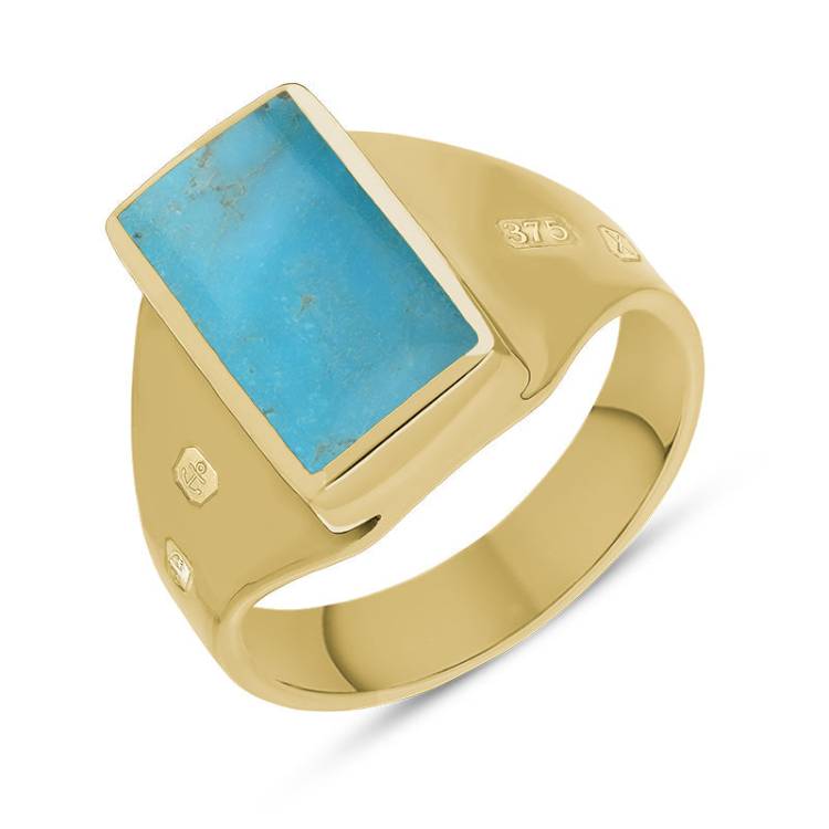 9ct Yellow Gold Turquoise King's Coronation Hallmark Small Oblong Ring - O