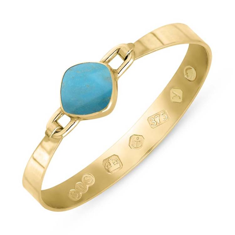 9ct Yellow Gold Turquoise King's Coronation Hallmark Wide Cushion Bangle