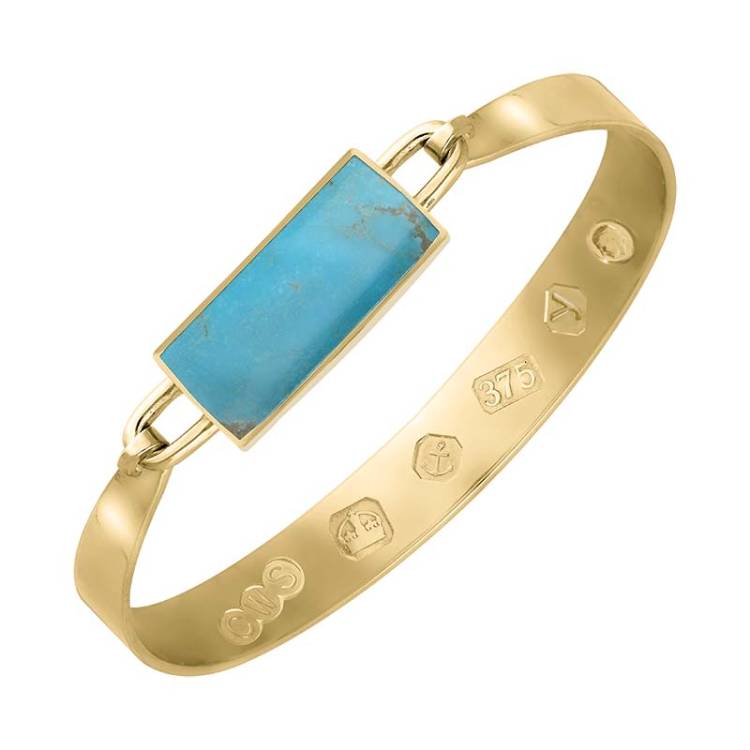 9ct Yellow Gold Turquoise King's Coronation Hallmark Wide Oblong Bangle