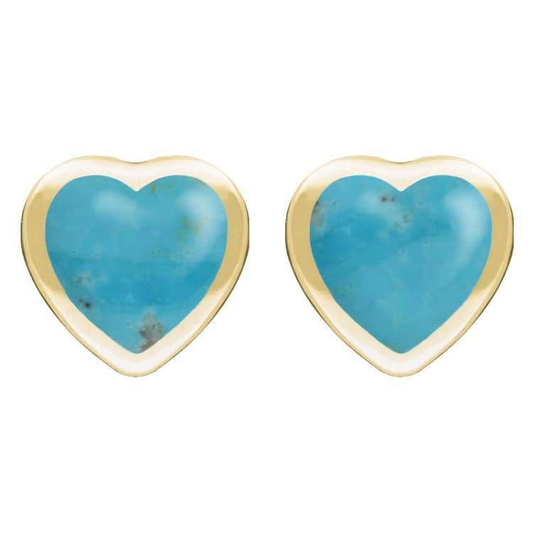9ct Yellow Gold Turquoise Large Framed Heart Stud Earrings - Yellow Gold