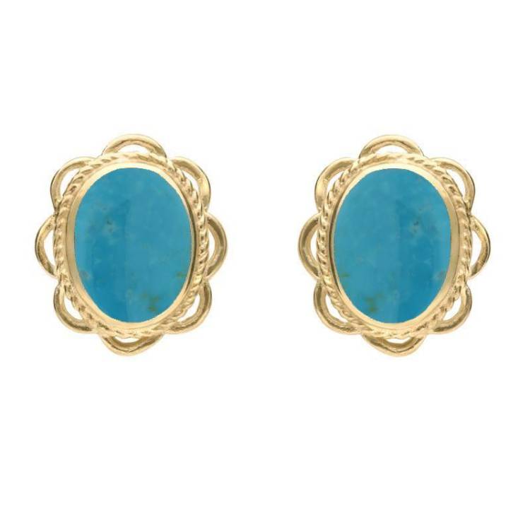 9ct Yellow Gold Turquoise Large Rope Oval Frill Stud Earrings - Option1 Value Yellow Gold