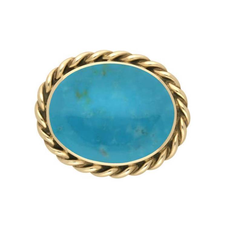 9ct Yellow Gold Turquoise Large Rope Twist Edge Brooch - Silver