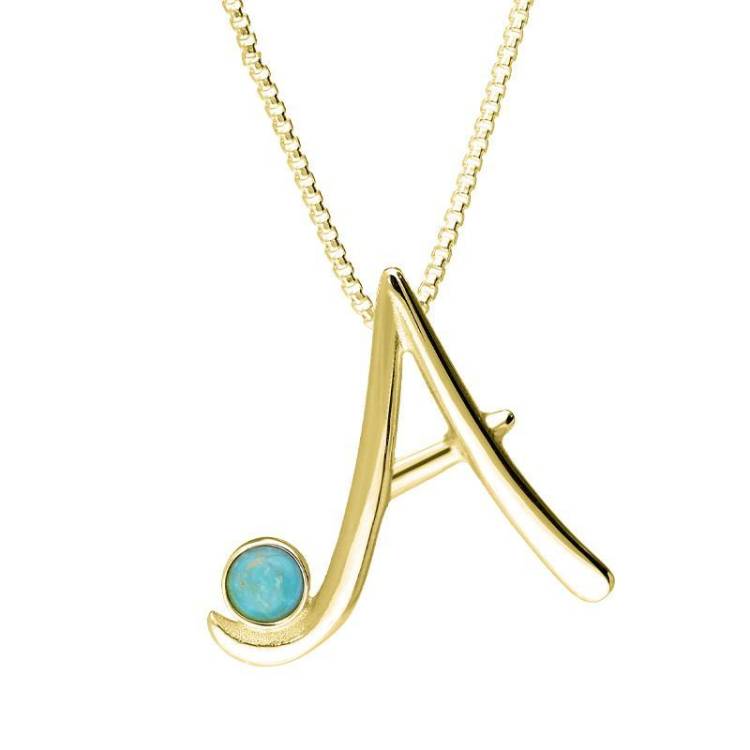 9ct Yellow Gold Turquoise Love Letters Initial A Necklace - Yellow Gold