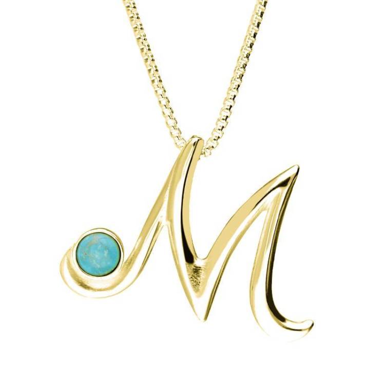 9ct Yellow Gold Turquoise Love Letters Initial M Necklace - Yellow Gold