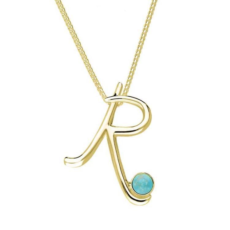 9ct Yellow Gold Turquoise Love Letters Initial R Necklace - Yellow Gold