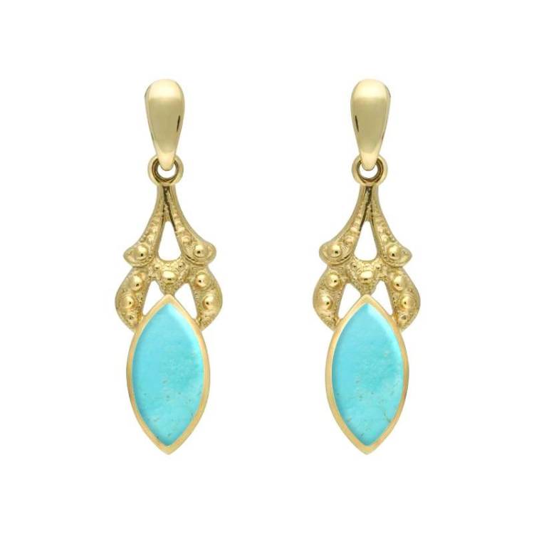 9ct Yellow Gold Turquoise Marquise Drop Earrings