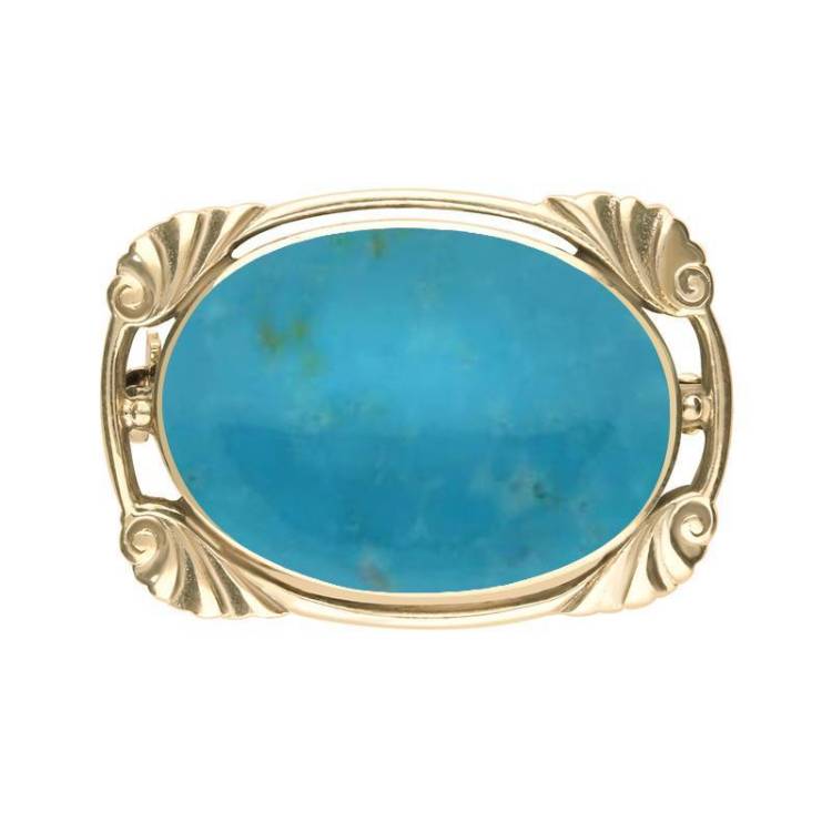 9ct Yellow Gold Turquoise Oblong Oval Shaped Brooch - Silver