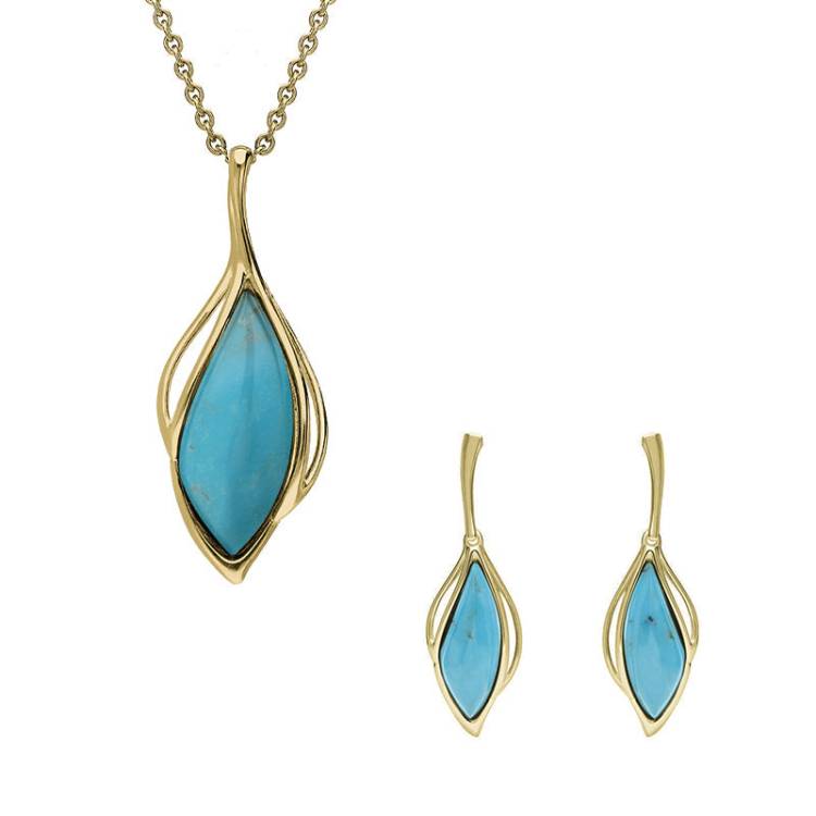 9ct Yellow Gold Turquoise Open Marquise Two Piece Set - Yellow Gold