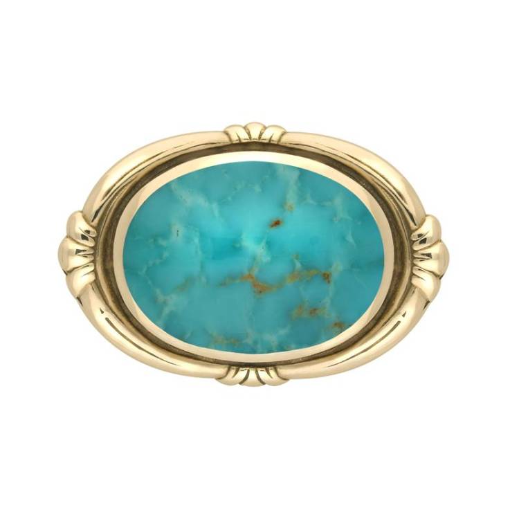9ct Yellow Gold Turquoise Oval Fleur Brooch - Silver