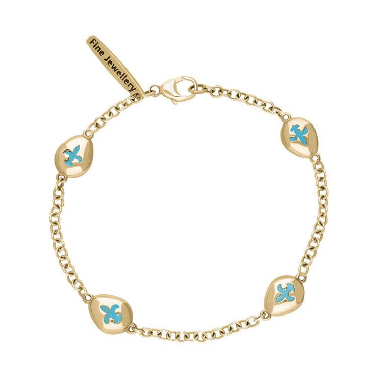 9ct Yellow Gold Turquoise Oval Fleur De Lis Detail Four Stone Bracelet - Yellow Gold
