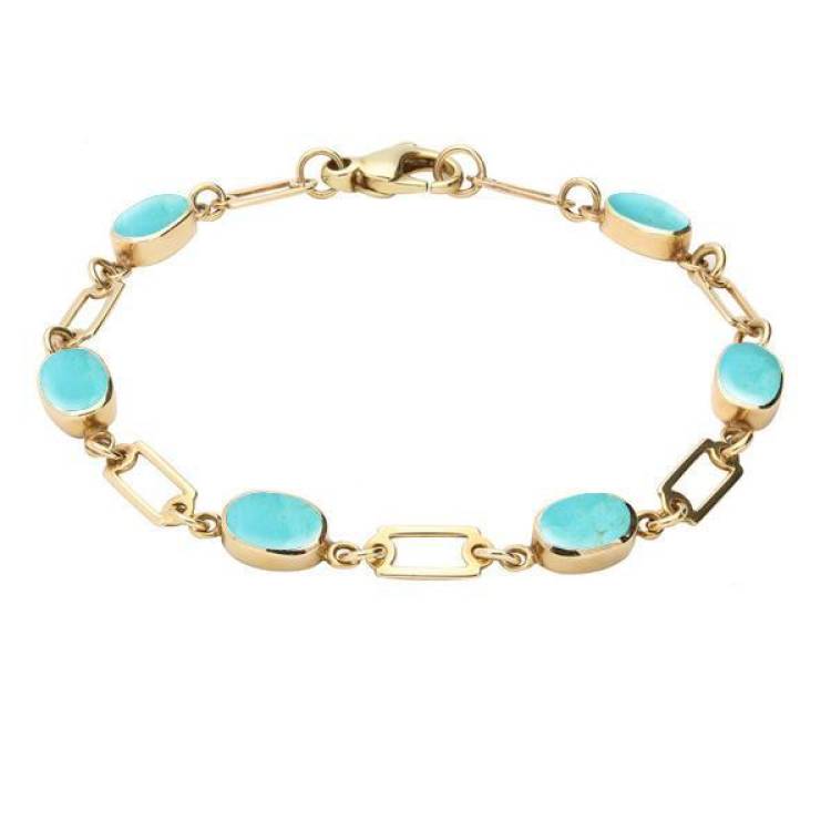 9ct Yellow Gold Turquoise Oval Linked Bracelet