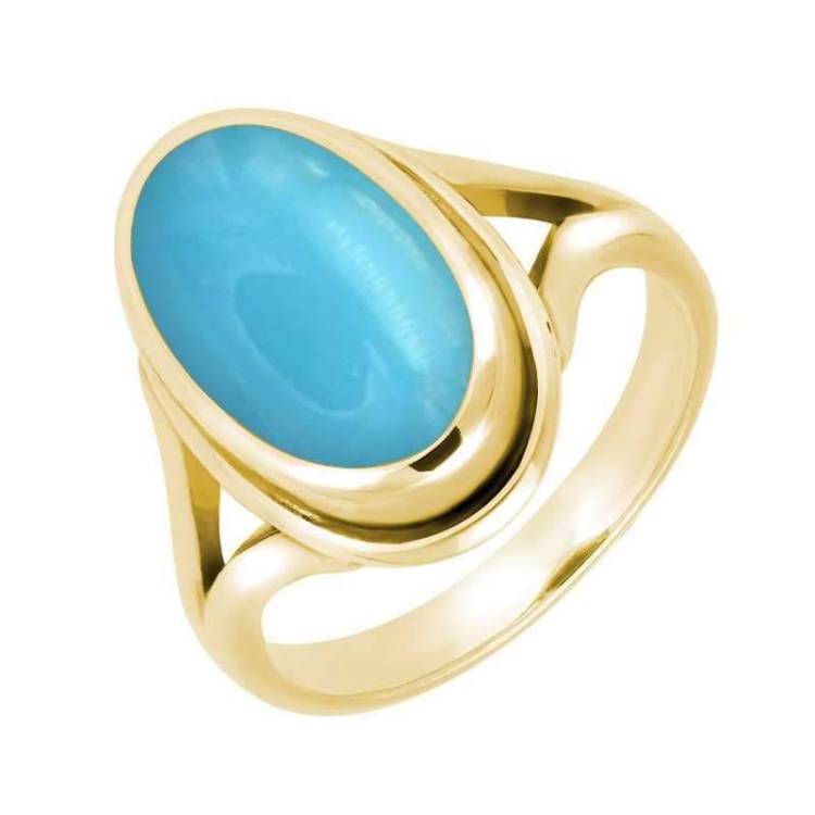 9ct Yellow Gold Turquoise Oval Ridged Ring - Yellow Gold