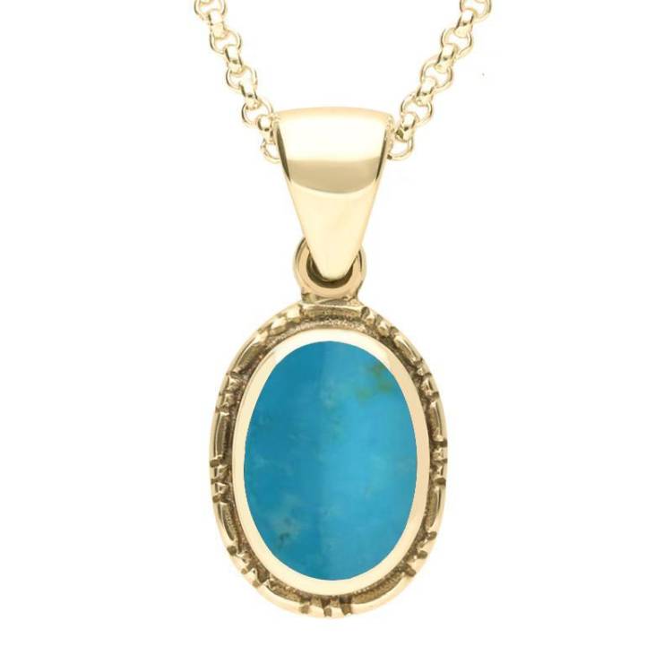 9ct Yellow Gold Turquoise Oval Rope Edge Drop Necklace - Yellow Gold