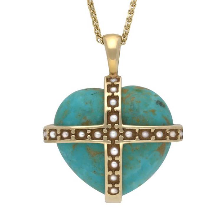 9ct Yellow Gold Turquoise Pearl Large Cross Heart Necklace - Yellow Gold