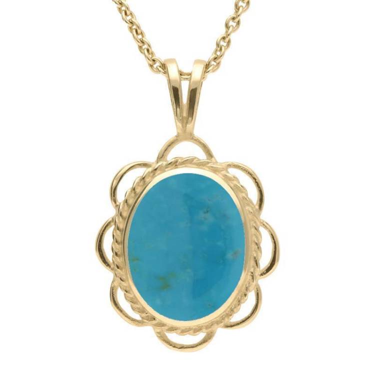 9ct Yellow Gold Turquoise Rope Edged Oval Frill Necklace - Yellow Gold