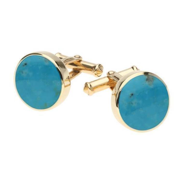 9ct Yellow Gold Turquoise Round Shape Cufflinks