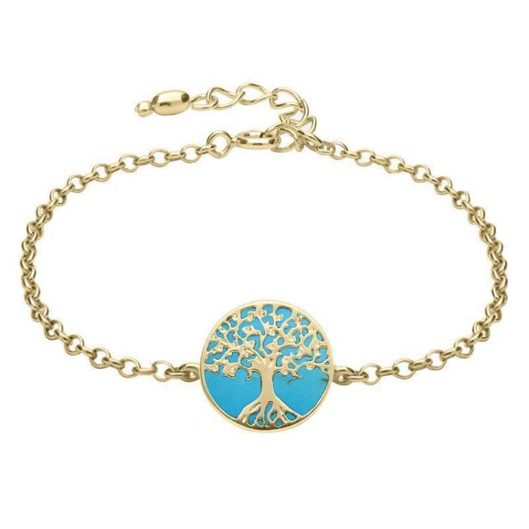 9ct Yellow Gold Turquoise Round Tree of Life Chain Bracelet
