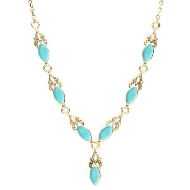 9ct Yellow Gold Turquoise Seven Stone Marquise Necklace