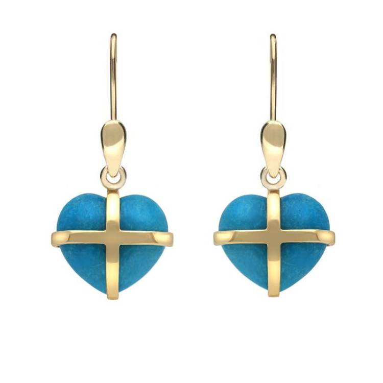 9ct Yellow Gold Turquoise Small Cross Heart Drop Earrings - Yellow Gold