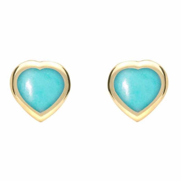 9ct Yellow Gold Turquoise Small Framed Heart Stud Earrings - Yellow Gold