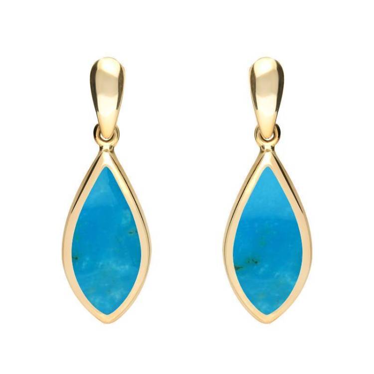 9ct Yellow Gold Turquoise Small Pointed Pear Drop Earrings - Yellow Gold