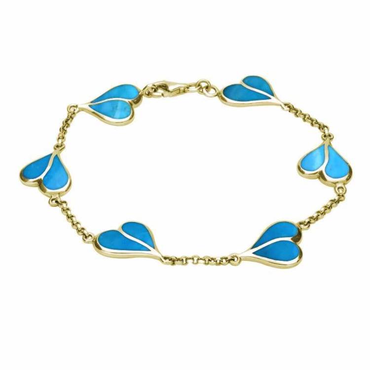 9ct Yellow Gold Turquoise Split Heart Bracelet - Yellow Gold