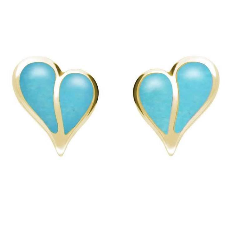 9ct Yellow Gold Turquoise Split Heart Stud Earrings - Yellow Gold