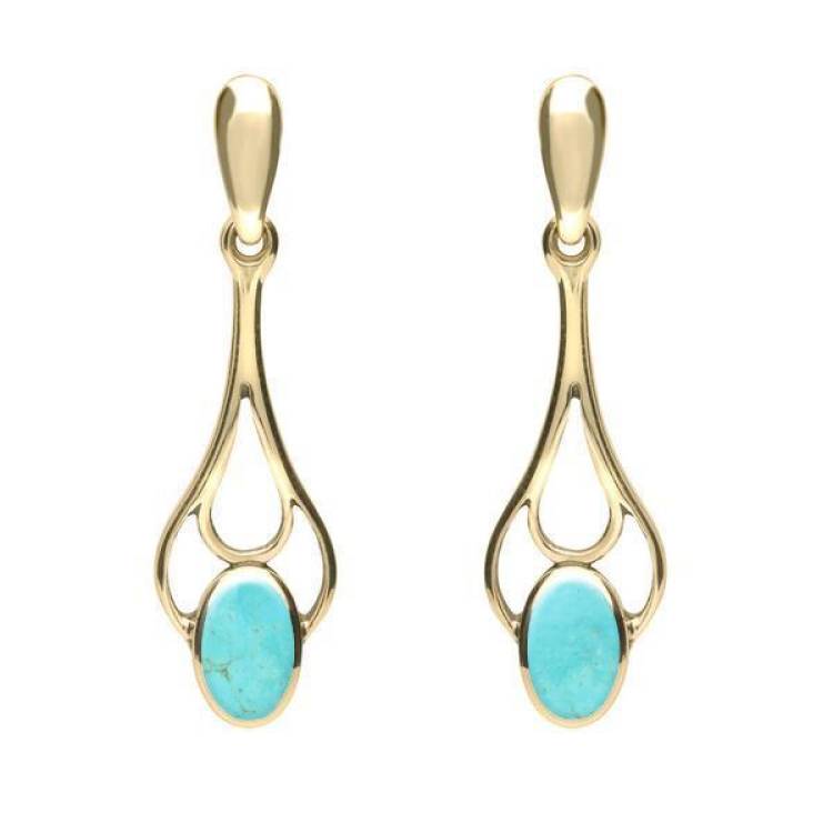 9ct Yellow Gold Turquoise Spoon Drop Earrings - Yellow Gold