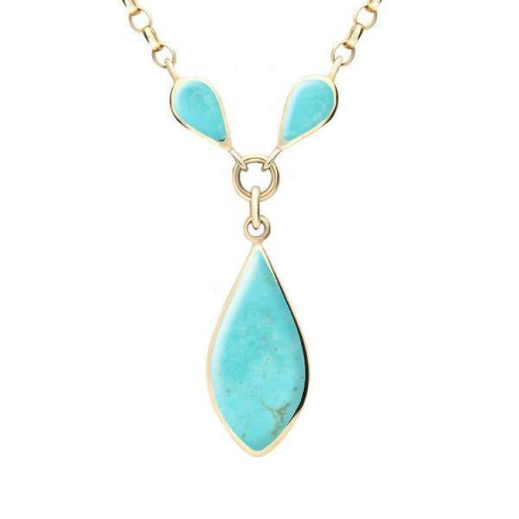 9ct Yellow Gold Turquoise Three Stone Pear Necklace - Yellow Gold