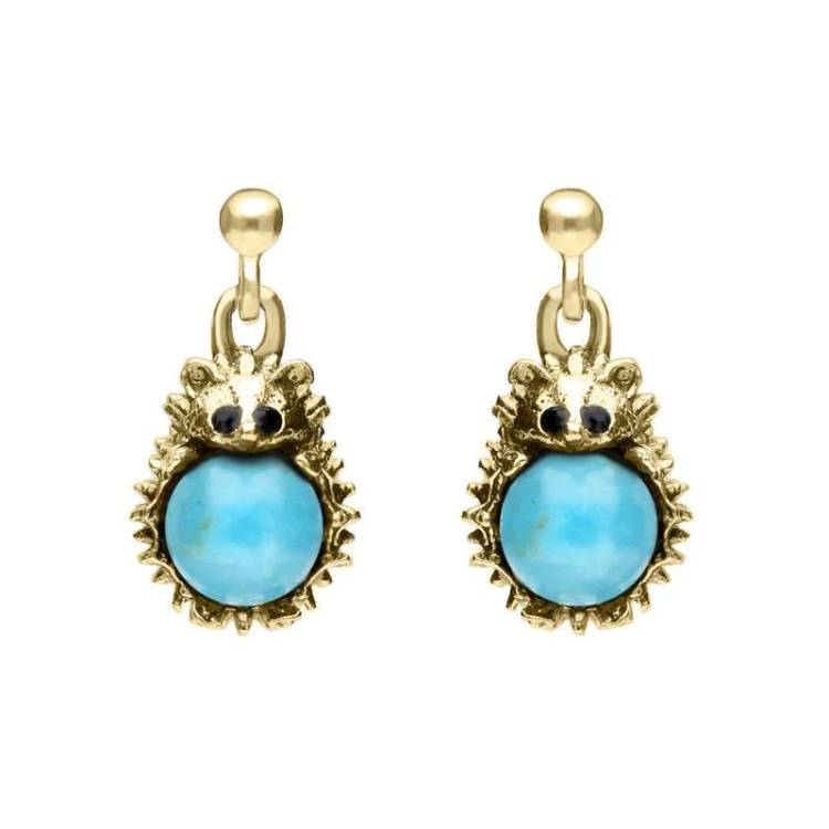 9ct Yellow Gold Turquoise Tiny Hedgehog Drop Earrings - Yellow Gold