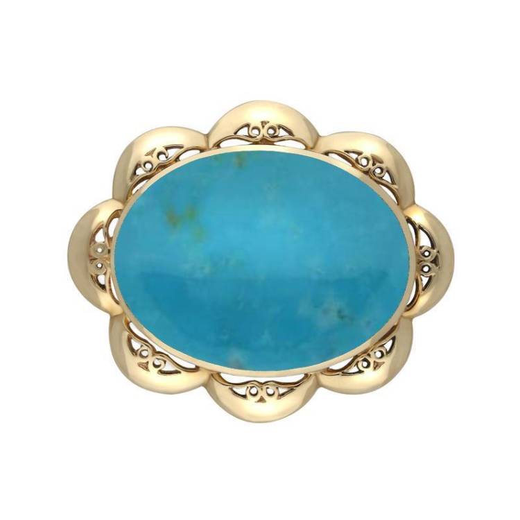 9ct Yellow Gold Turquoise Oval Scalloped Edge Brooch