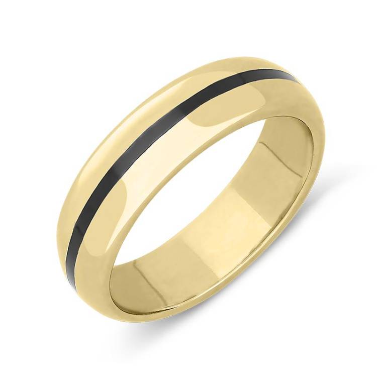9ct Yellow Gold Whitby Jet 1mm Stone Inlaid Wedding Band Ring - Yellow Gold