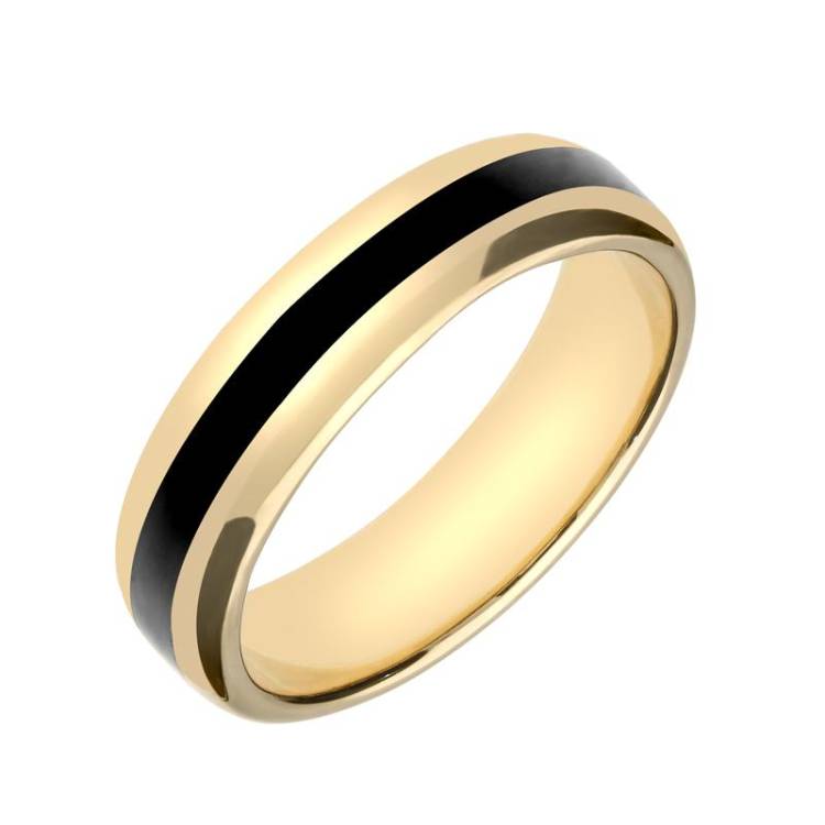 9ct Yellow Gold Whitby Jet 2mm Stone Inlaid Wedding Band Ring - Yellow Gold