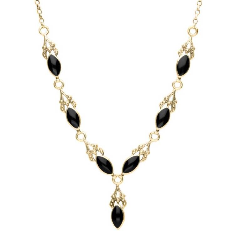 9ct Yellow Gold Whitby Jet Seven Stone Marquise Necklace - Yellow Gold