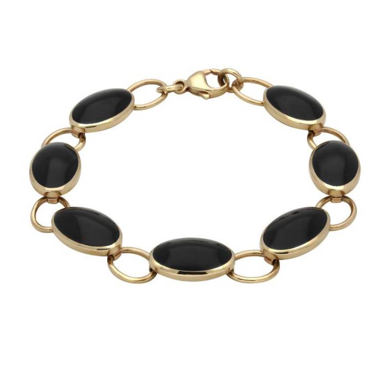 9ct Yellow Gold Whitby Jet Seven Stone Oval Bracelet - Yellow Gold