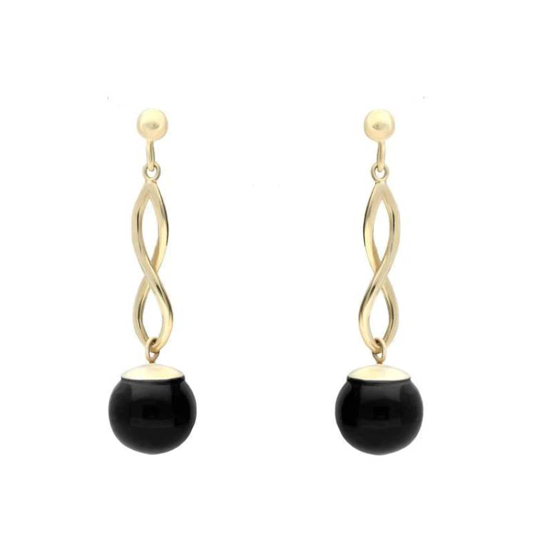 9ct Yellow Gold Whitby Jet 8mm Bead Twist Drop Earrings - Yellow Gold