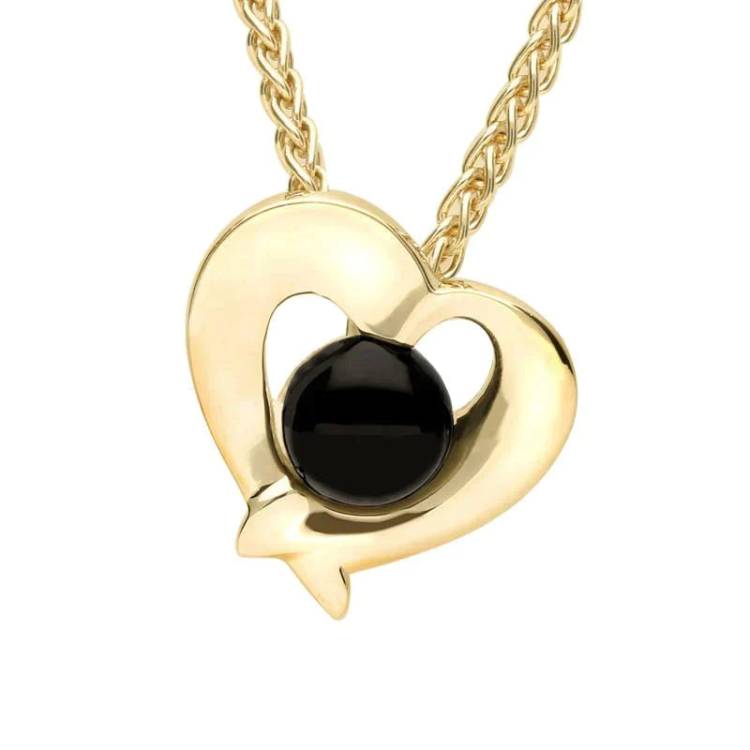 9ct Yellow Gold Whitby Jet Abstract Heart Necklace - Yellow Gold