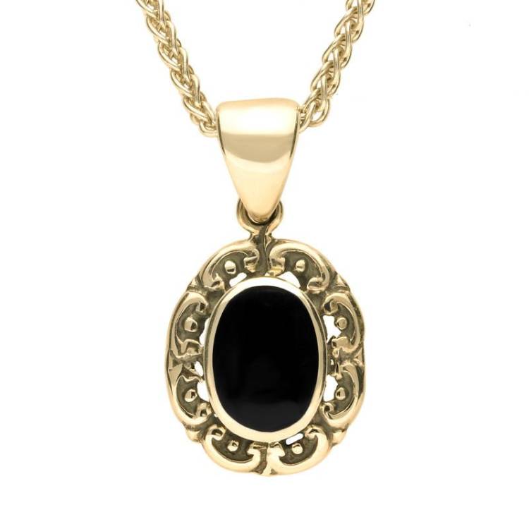 9ct Yellow Gold Whitby Jet Antique Frame Necklace - Yellow Gold