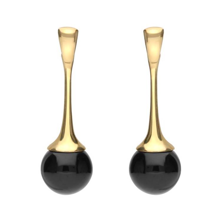 9ct Yellow Gold Whitby Jet Bead Trumpet Drop Earrings - Yellow Gold