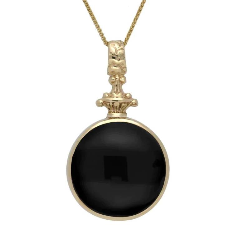 9ct Yellow Gold Whitby Jet Blue John Double Sided Fob Necklace - Yellow Gold