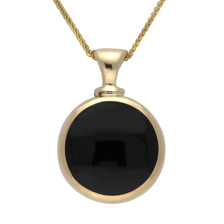 9ct Yellow Gold Whitby Jet Blue John Double Sided Round Dinky Fob Necklace - Yellow Gold