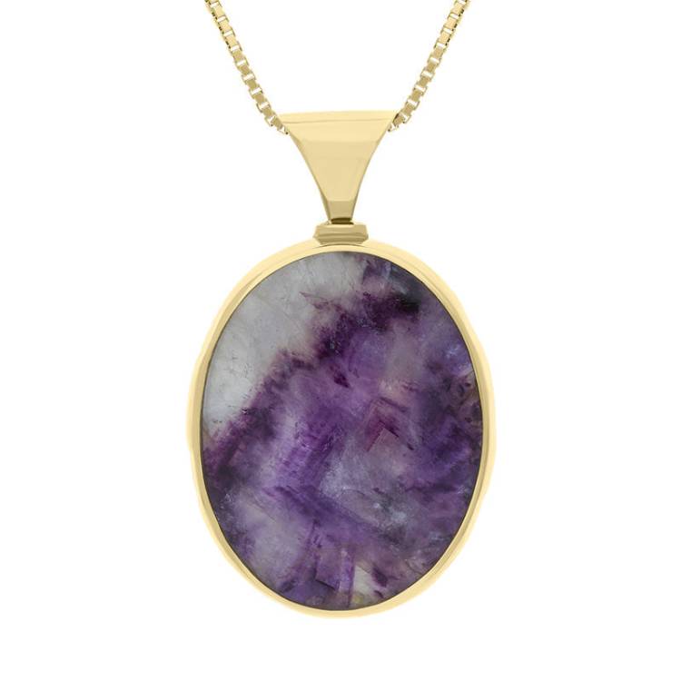 9ct Yellow Gold Whitby Jet Blue John King's Coronation Hallmark Double Sided Oval Necklace