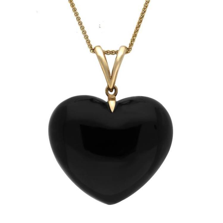 9ct Yellow Gold Whitby Jet Carved Heart Split Bail Necklace - Option1 Value Yellow Gold